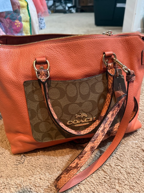 Coach Handbags - Coach Orange Pebbled Leather Tote with Signature Canvas Pocket